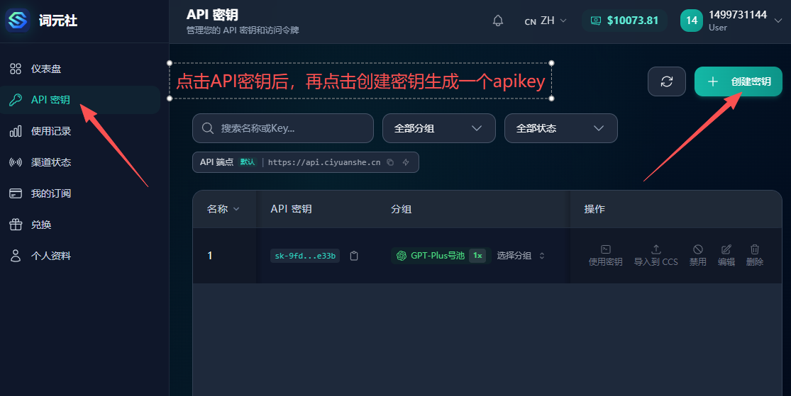 API 密钥页面截图